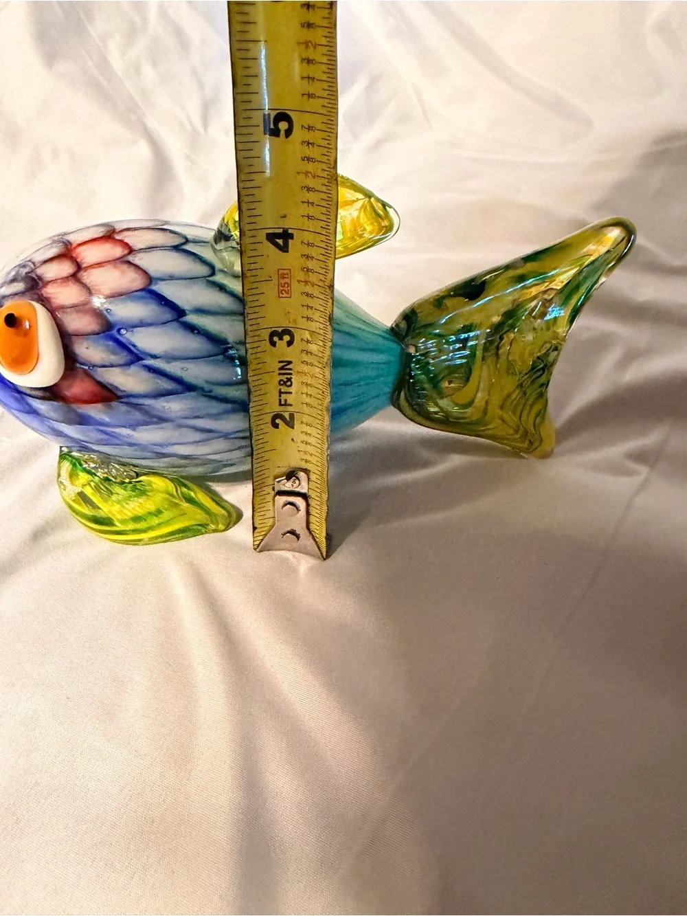 Handblown Art Glass Fish Figurine 9” Blue Green Yellow Coastal Ocean Decor